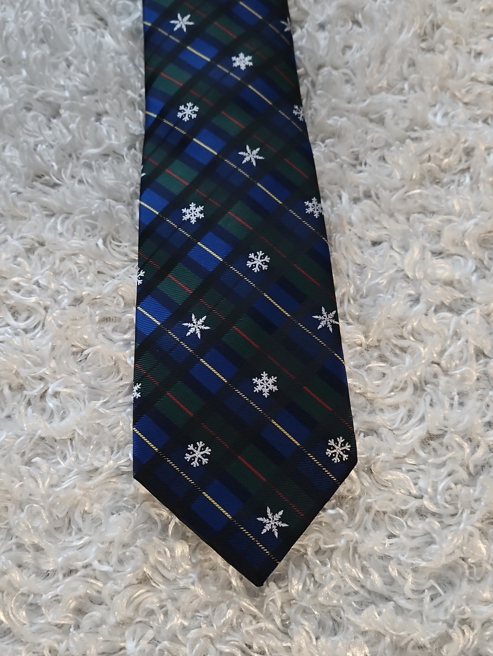 Christmas Holiday Festive  Snow Flakes Neck tie St. Nicholas Square Navy Plaid